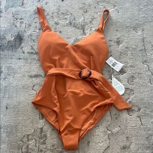 Orange One Piece Swimsuit with Deep V-Neck and High-Cut Legs